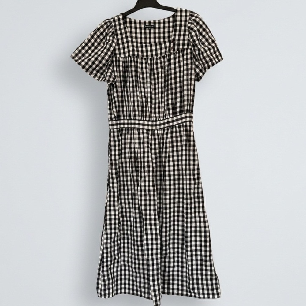 Who What Wear Gingham Midi Dress Black White Linen Blend Puff Sleeve Size M